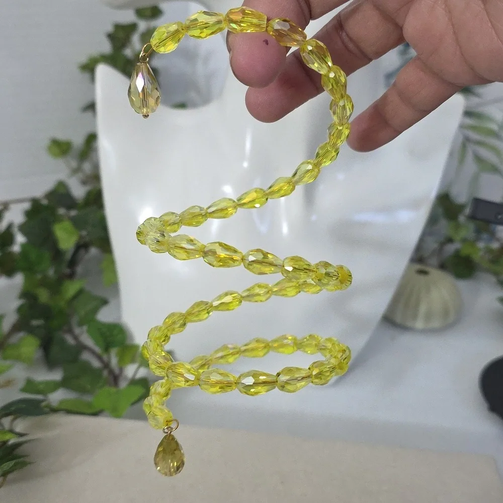 Yellow AB Crystal Coil Spiral Wrap Bracelet with Teardrop Charms
